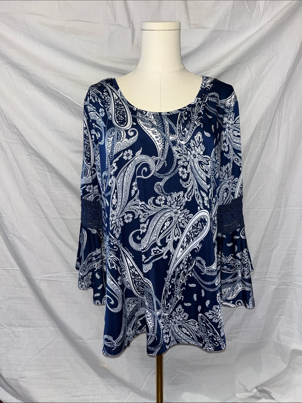 Women's Navy Paisley Bell-Sleeve Top